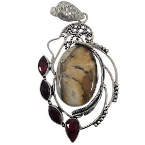 Handmade Silver Pendant – Picture Jasper & Garnet + 20" Silver Snake Chain